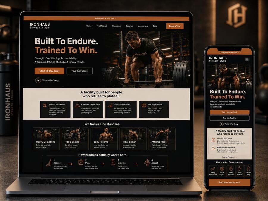 Gym website displayed on laptop and phone
