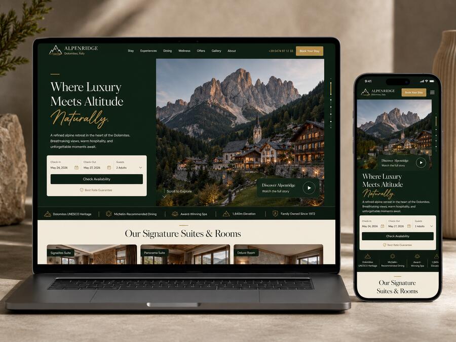 Hotel website displayed on laptop and phone