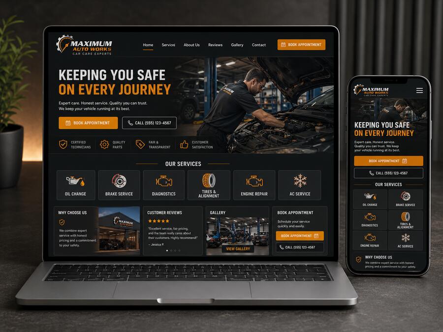 Car mechanic website displayed on laptop and phone
