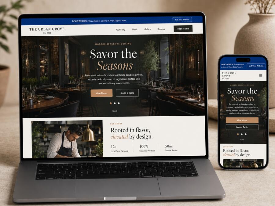 Restaurant website displayed on laptop and phone